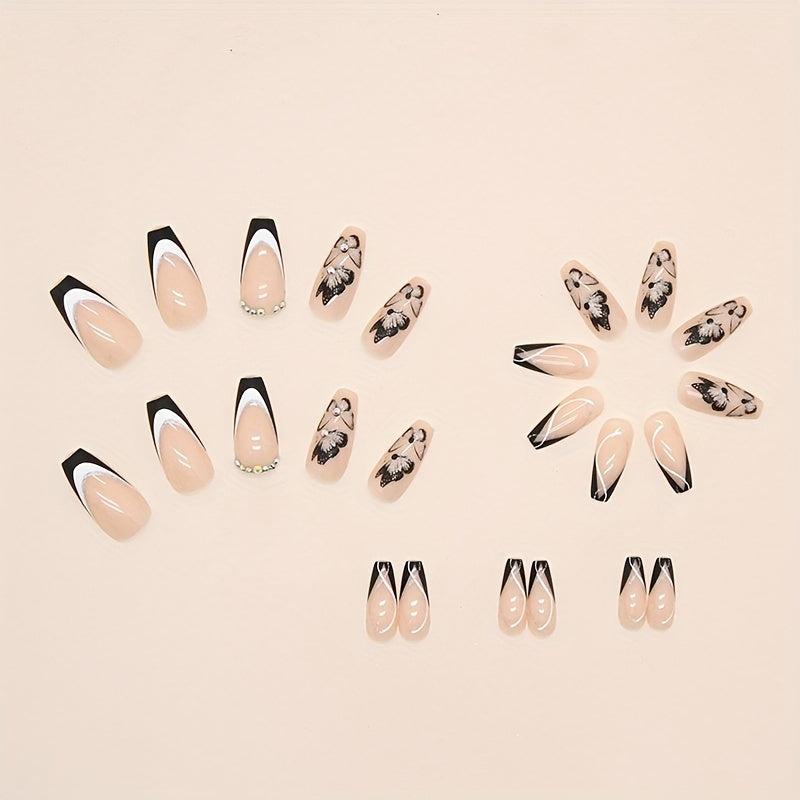 24 pcs Nude Coffin Ballerina Press On Nails with Butterfly Glitter False Nails