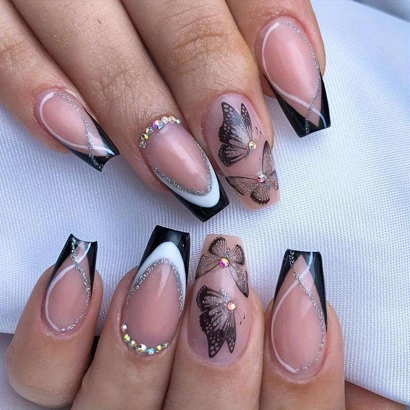 24 pcs Nude Coffin Ballerina Press On Nails with Butterfly Glitter False Nails