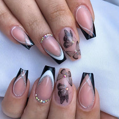 24 pcs Nude Coffin Ballerina Press On Nails with Butterfly Glitter False Nails