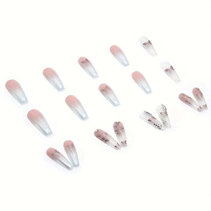 Gradient Coffin Press On Nails with Butterfly Rhinestones Glossy False Nails