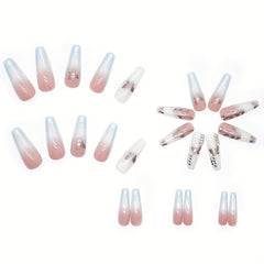 Gradient Coffin Press On Nails with Butterfly Rhinestones Glossy False Nails