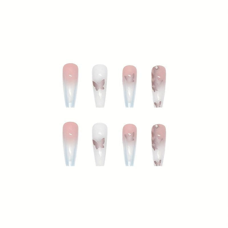 Gradient Coffin Press On Nails with Butterfly Rhinestones Glossy False Nails
