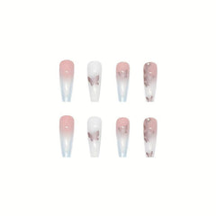 Gradient Coffin Press On Nails with Butterfly Rhinestones Glossy False Nails