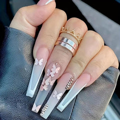 Gradient Coffin Press On Nails with Butterfly Rhinestones Glossy False Nails