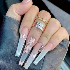 Gradient Coffin Press On Nails with Butterfly Rhinestones Glossy False Nails