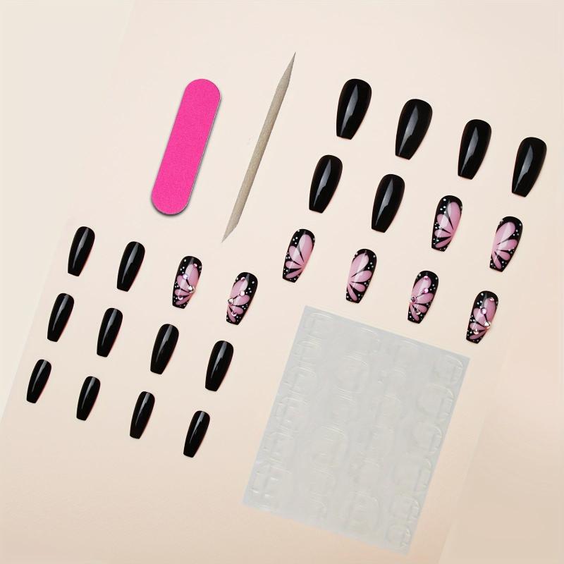24pcs Pink Butterfly Wings Press On Nails with Rhinestone Glossy Medium Coffin