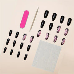 24pcs Pink Butterfly Wings Press On Nails with Rhinestone Glossy Medium Coffin