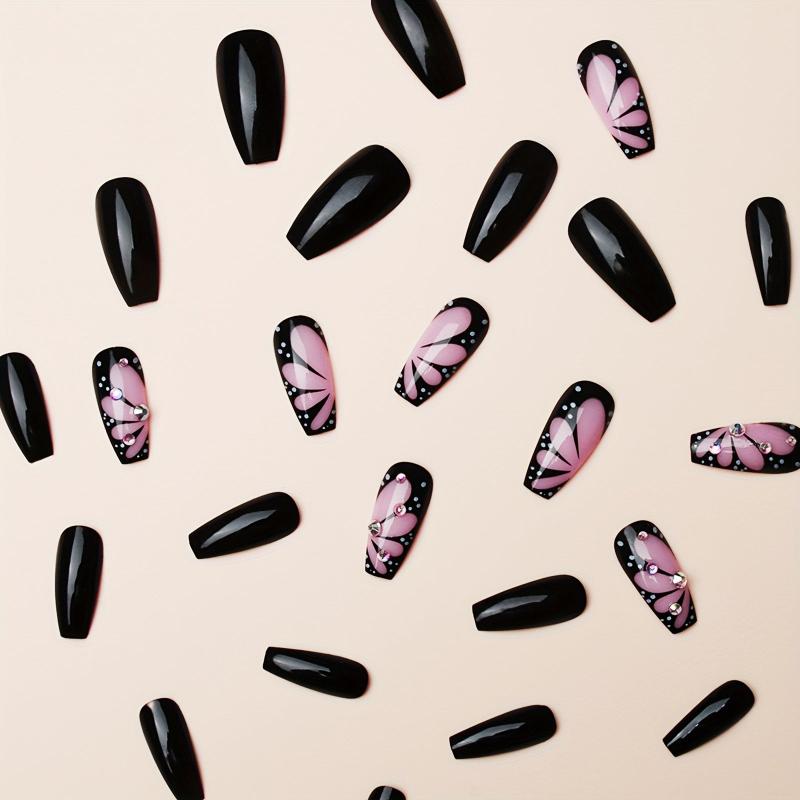 24pcs Pink Butterfly Wings Press On Nails with Rhinestone Glossy Medium Coffin