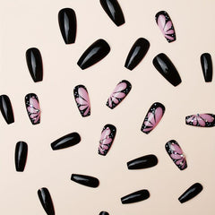 24pcs Pink Butterfly Wings Press On Nails with Rhinestone Glossy Medium Coffin