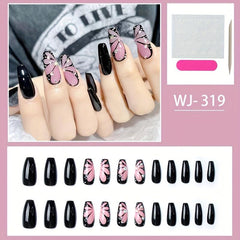 24pcs Pink Butterfly Wings Press On Nails with Rhinestone Glossy Medium Coffin