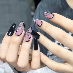 24pcs Pink Butterfly Wings Press On Nails with Rhinestone Glossy Medium Coffin
