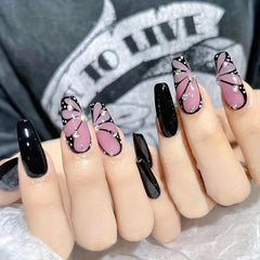 24pcs Pink Butterfly Wings Press On Nails with Rhinestone Glossy Medium Coffin