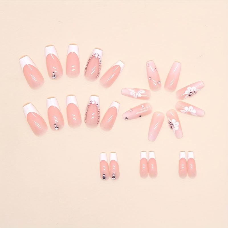 French Tip Press On Nails with Rhinestone Medium Square Acrylic False Nails