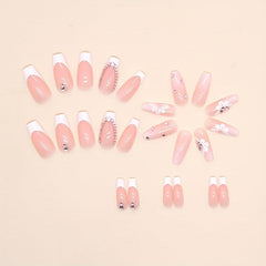 French Tip Press On Nails with Rhinestone Medium Square Acrylic False Nails