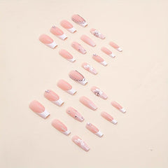 French Tip Press On Nails with Rhinestone Medium Square Acrylic False Nails