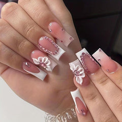 French Tip Press On Nails with Rhinestone Medium Square Acrylic False Nails