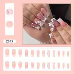 French Tip Press On Nails with Rhinestone Medium Square Acrylic False Nails