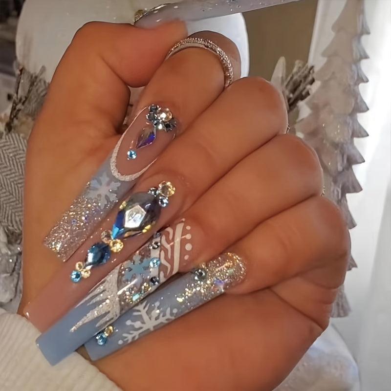 24Pcs Rhinestone Snow Pattern Press On Nails