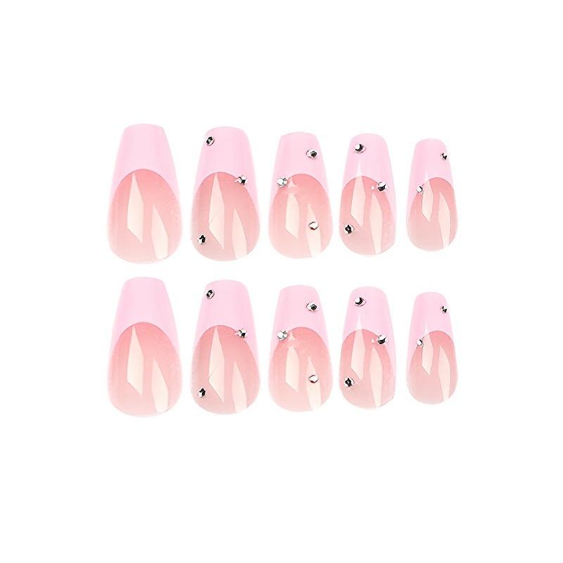 24 pcs Rhinestone Pink Tip French False Nails Medium Square