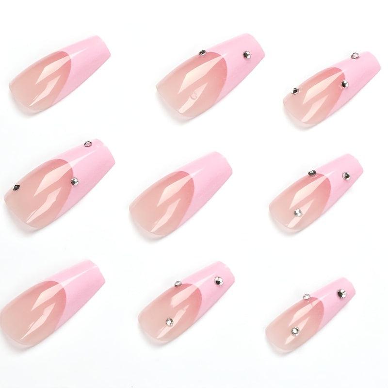 24 pcs Rhinestone Pink Tip French False Nails Medium Square
