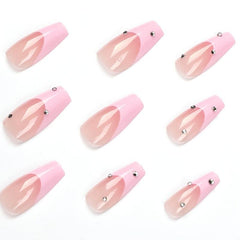 24 pcs Rhinestone Pink Tip French False Nails Medium Square