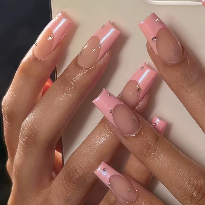 24 pcs Rhinestone Pink Tip French False Nails Medium Square