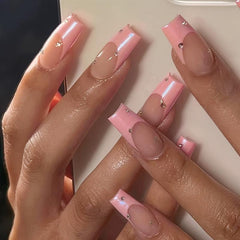 24 pcs Rhinestone Pink Tip French False Nails Medium Square