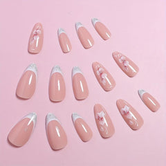 24pcs Sakura Glitter Press On Nails French Tip Pink Glossy False Nails