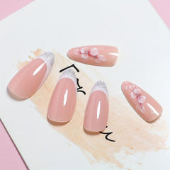 24pcs Sakura Glitter Press On Nails French Tip Pink Glossy False Nails
