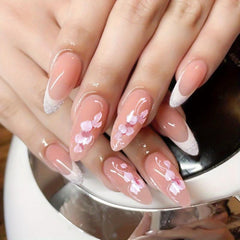 24pcs Sakura Glitter Press On Nails French Tip Pink Glossy False Nails