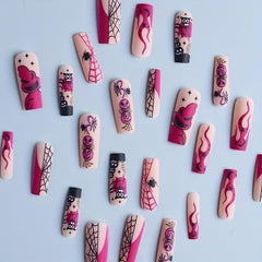 24pcs Halloween Coffin Nails Purple Ghost Skulls Spiders Flame Designs