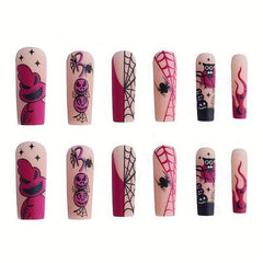 24pcs Halloween Coffin Nails Purple Ghost Skulls Spiders Flame Designs