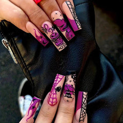 24pcs Halloween Coffin Nails Purple Ghost Skulls Spiders Flame Designs