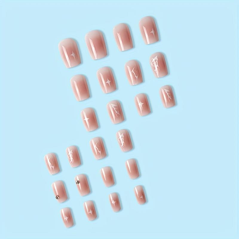 24pcs Rhinestone Butterfly Short Square Press On Nails with Star