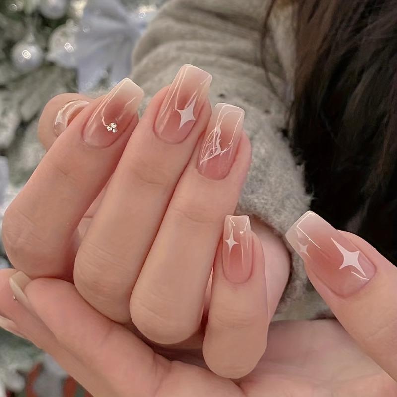 24pcs Rhinestone Butterfly Short Square Press On Nails with Star
