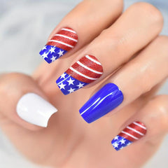 24pcs Patriotic Press On Nails Coffin Shape Full Cover Acrylic Artificial Nails