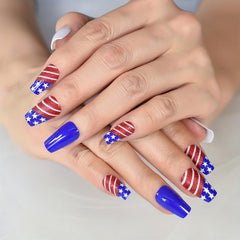 24pcs Patriotic Press On Nails Coffin Shape Full Cover Acrylic Artificial Nails