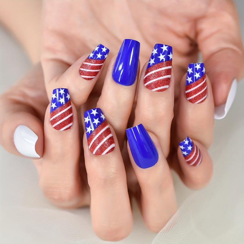 24pcs Patriotic Press On Nails Coffin Shape Full Cover Acrylic Artificial Nails