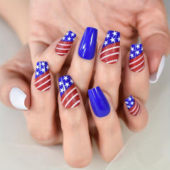 24pcs Patriotic Press On Nails Coffin Shape Full Cover Acrylic Artificial Nails