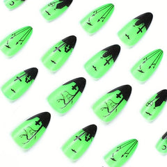 24pcs Luminous Green Edge French Press On False Nails Women Hallowe