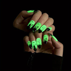 24pcs Luminous Green Edge French Press On False Nails Women Hallowe