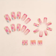 24pcs French Style Floral & Wavy Pattern Square Artificial Nail Set