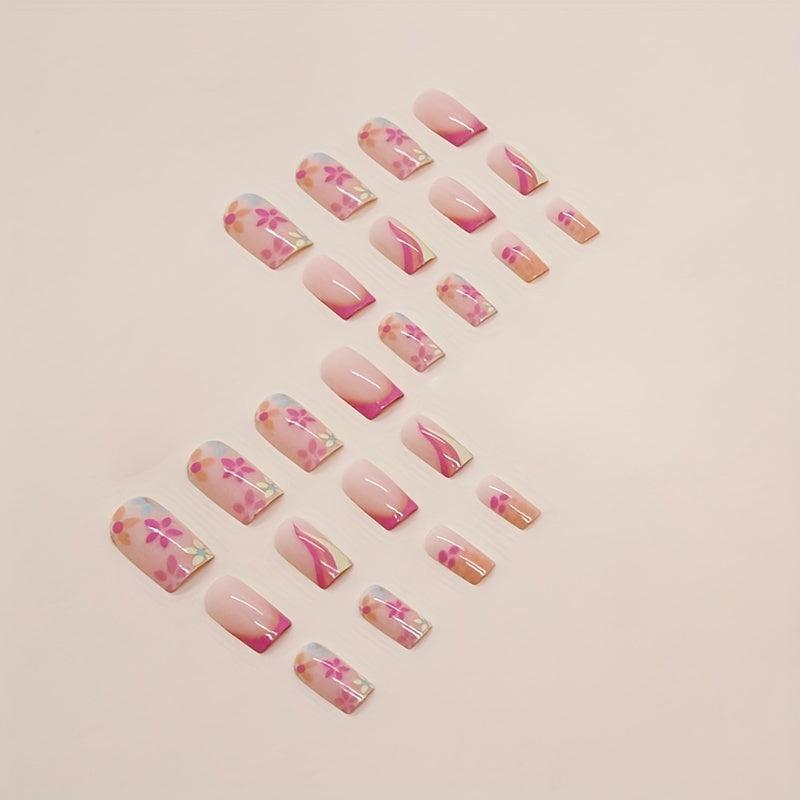 24pcs French Style Floral & Wavy Pattern Square Artificial Nail Set