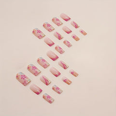 24pcs French Style Floral & Wavy Pattern Square Artificial Nail Set