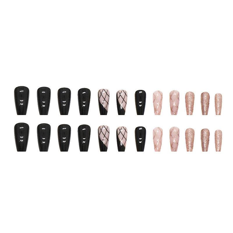 JIARUO Press On False Nails Medium Long Ballet Armor Plaid Glitter