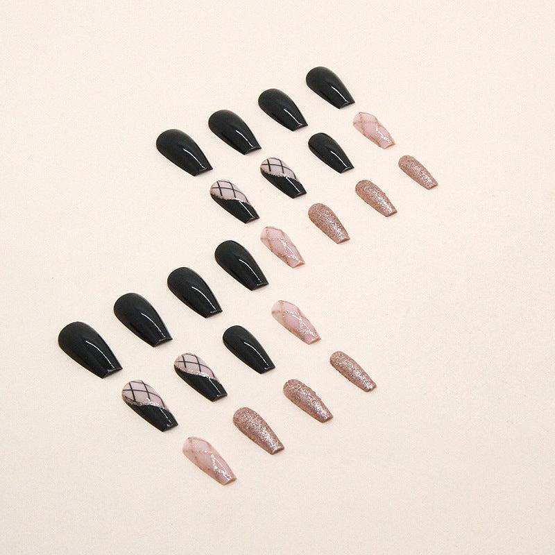 JIARUO Press On False Nails Medium Long Ballet Armor Plaid Glitter
