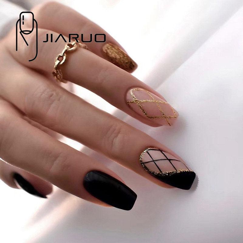 JIARUO Press On False Nails Medium Long Ballet Armor Plaid Glitter