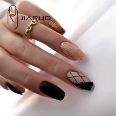 JIARUO Press On False Nails Medium Long Ballet Armor Plaid Glitter