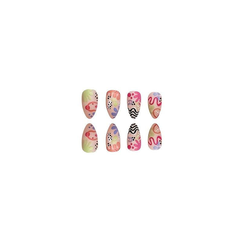 24pcs Matte Pink Swirl and Polka Dot Press On Nails Short Almond False Nails