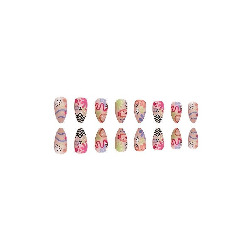 24pcs Matte Pink Swirl and Polka Dot Press On Nails Short Almond False Nails